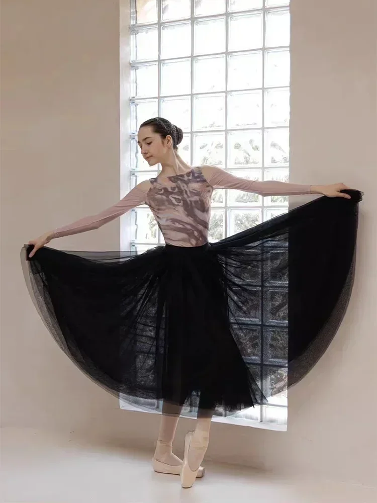 

80 CM Long Professional Ballet Tutu White Black 3 Layers Mesh Adult Ballerina Dance Elastic Waist Expansion Tulle Ball Skirt