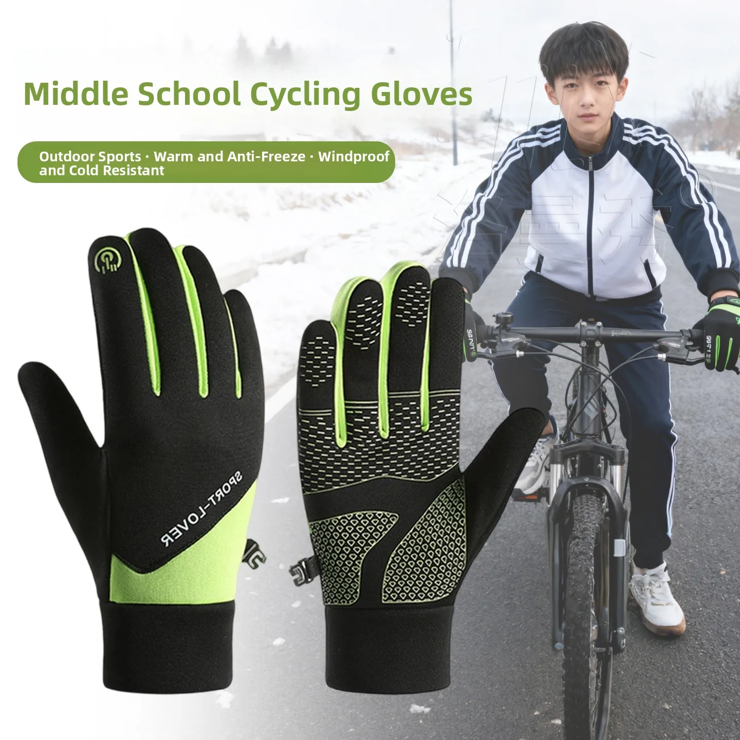 Winter Cycling Gloves Unisex Youth High School Students Warm Windproof Cold Resistant Outdoor Sports Bicycle Riding Gloves