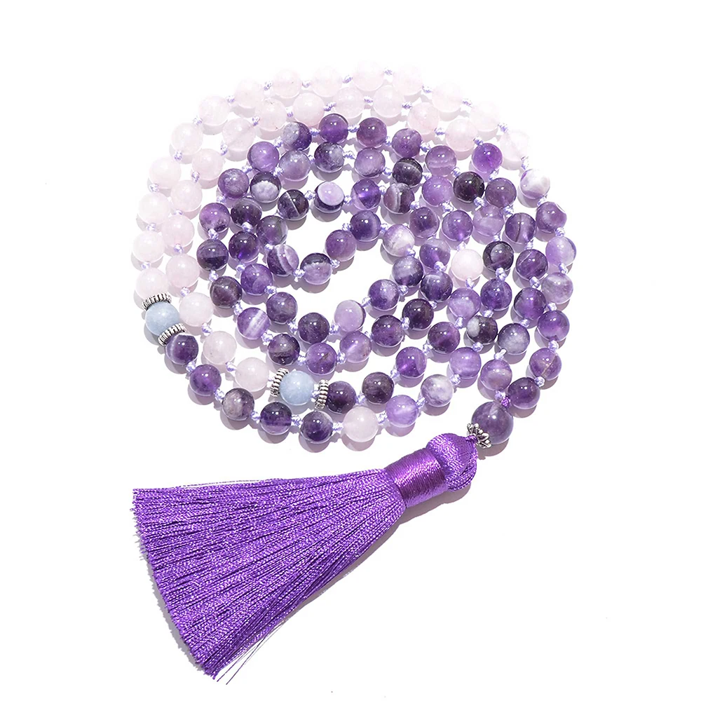 8mm Amethystal Rose Quartz Beaded Knot 108 Mala Necklace Meditation Yoga Prayer Jewelry Japamala Rosary for Women