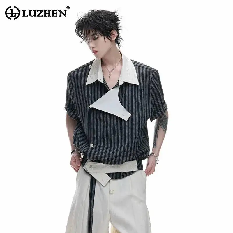 LUZHEN 2026 Summer New High Quality Cross Placket Lapel Short Sleeve Shirts Men's Fashion Elegant Handsome Casual Tops JY6987