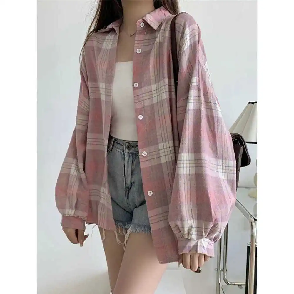 

Женская винтажная рубашка в клетку с длинным рукавом, осенняя, модная, приталенная, из полиэстера, А-силуэт, тонкая, не мнется