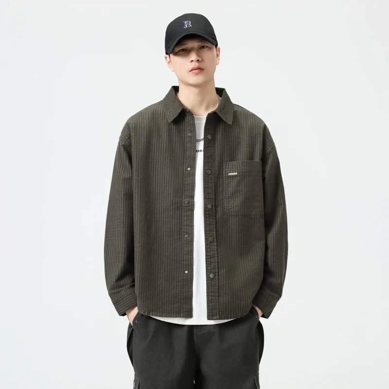 

Мужская рубашка с длинным рукавом в американском ретро-стиле с вафельной текстурой, свободного кроя, с воротником, осенняя, модная, брендовая, из смесового хлопка