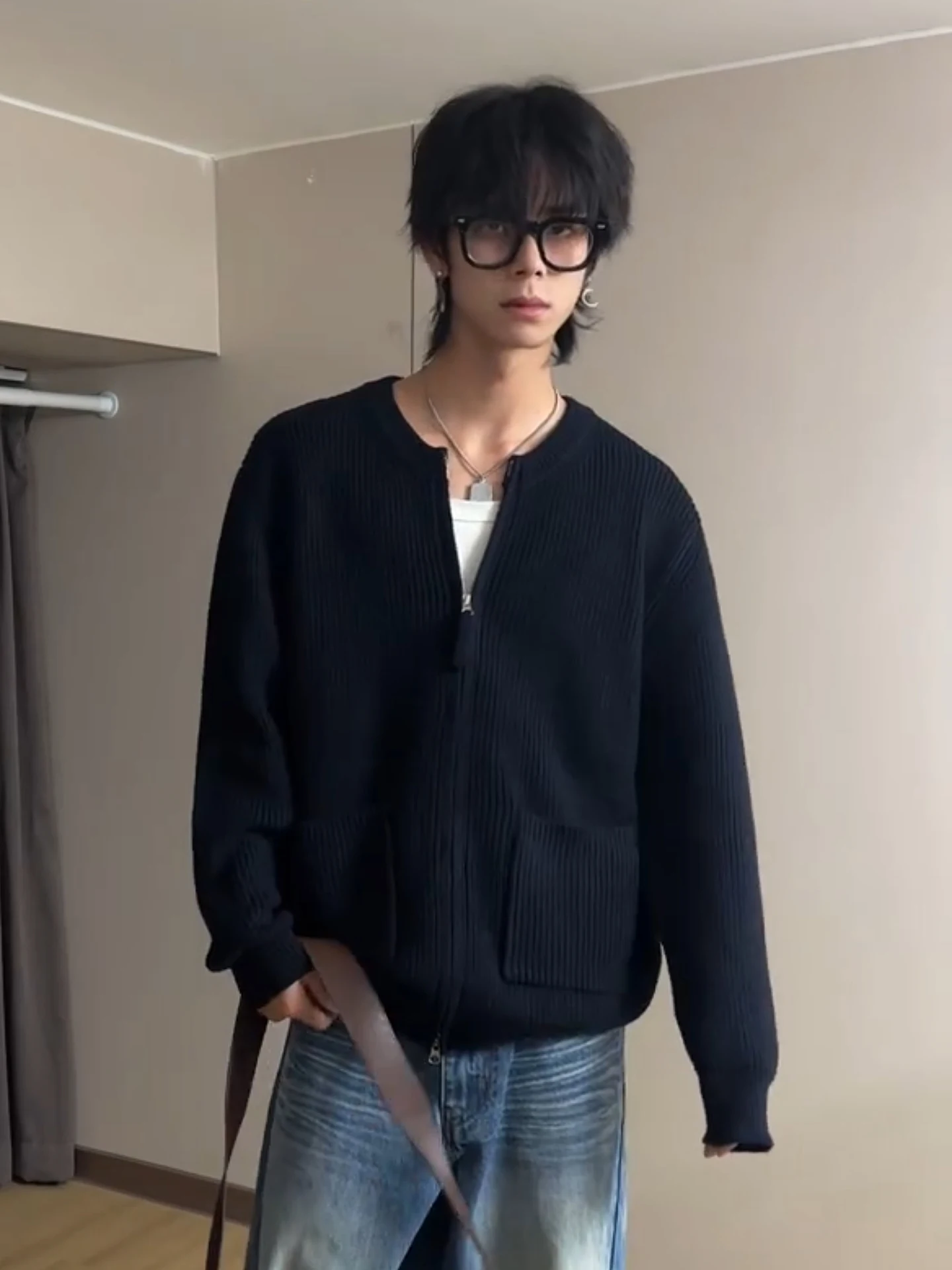 

Loose Fit Korean Sle Men's Open Cardigan Sweater Soft Cozy Nel Long Sve k Blue Knitted irt Casual Wear