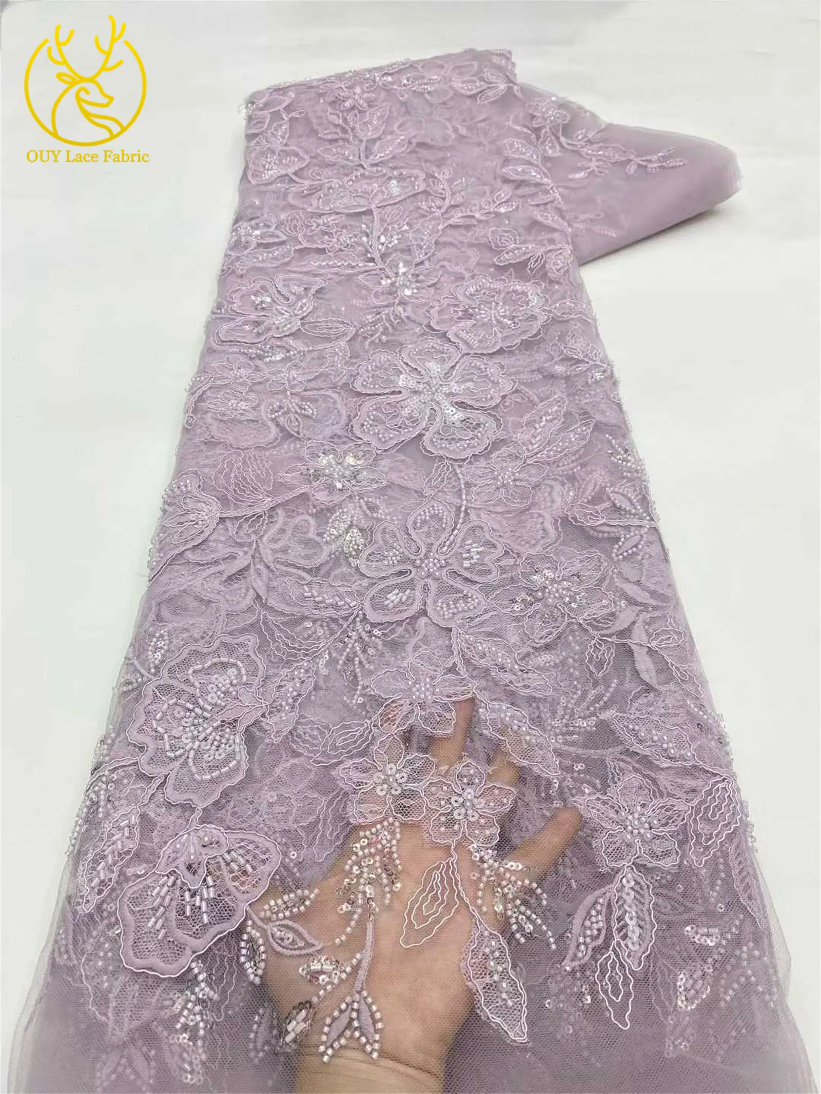 Damen Brautparty-Kleid Pailletten Tüll Bestickter Spitzenstoff 2026 Hochwertiger Nigerianischer Französischer Perlen-Spitzenstoff 5 Yards – Detail 18