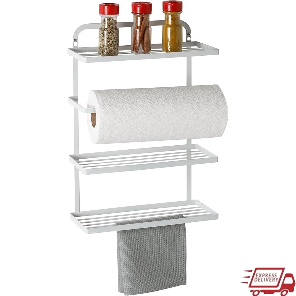 

Органайзер для шкафа с 3 полками и держателем для бумажных полотенец Настенный или над дверью Решение для хранения в кухне и ванной комнате Устойчивость к ржавчине