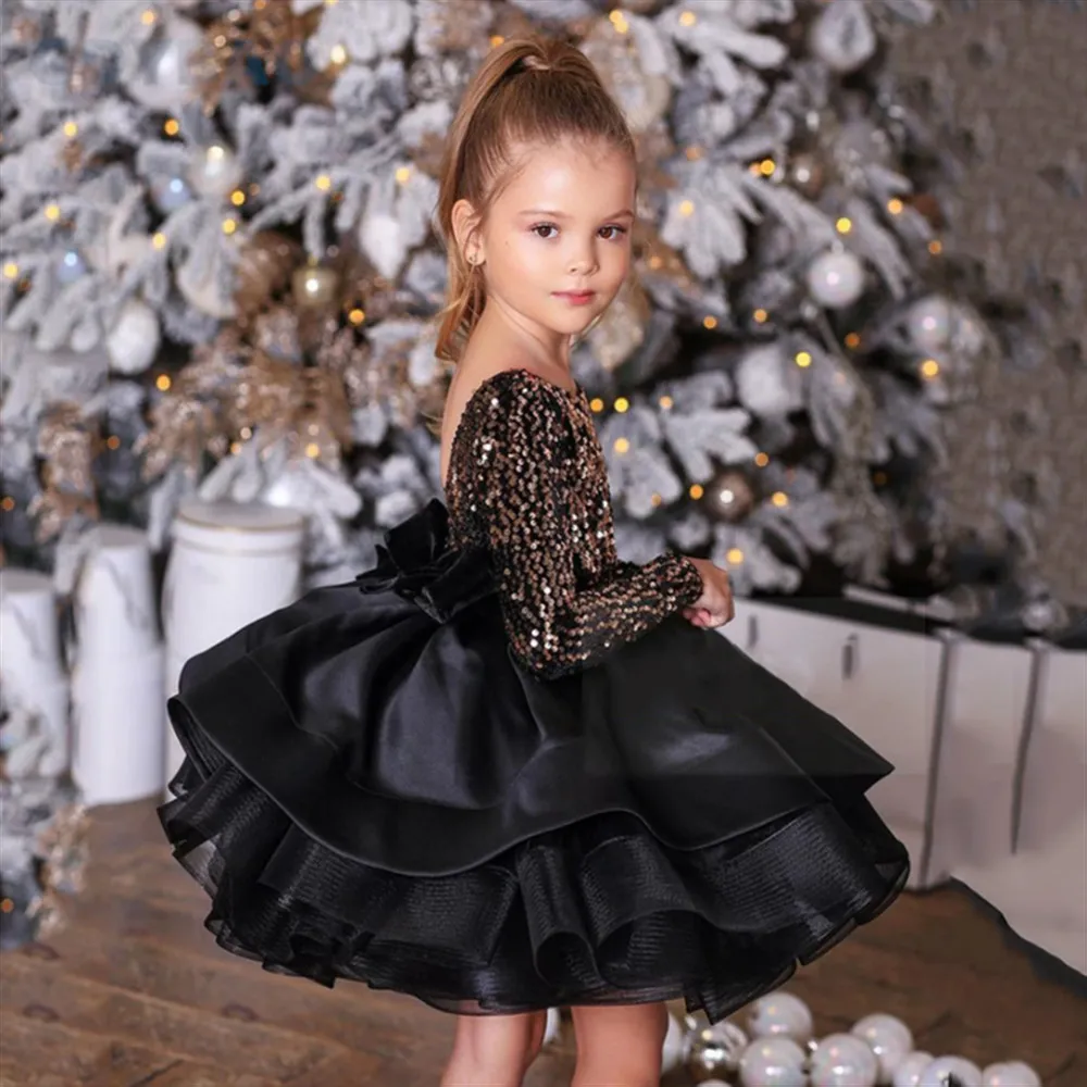 

Shiny Sequined Flower Girl Wedding Dress Long Sleeves Backless Ruffles Tiered Bow Kids Birthday Party Christmas Pageant Dress