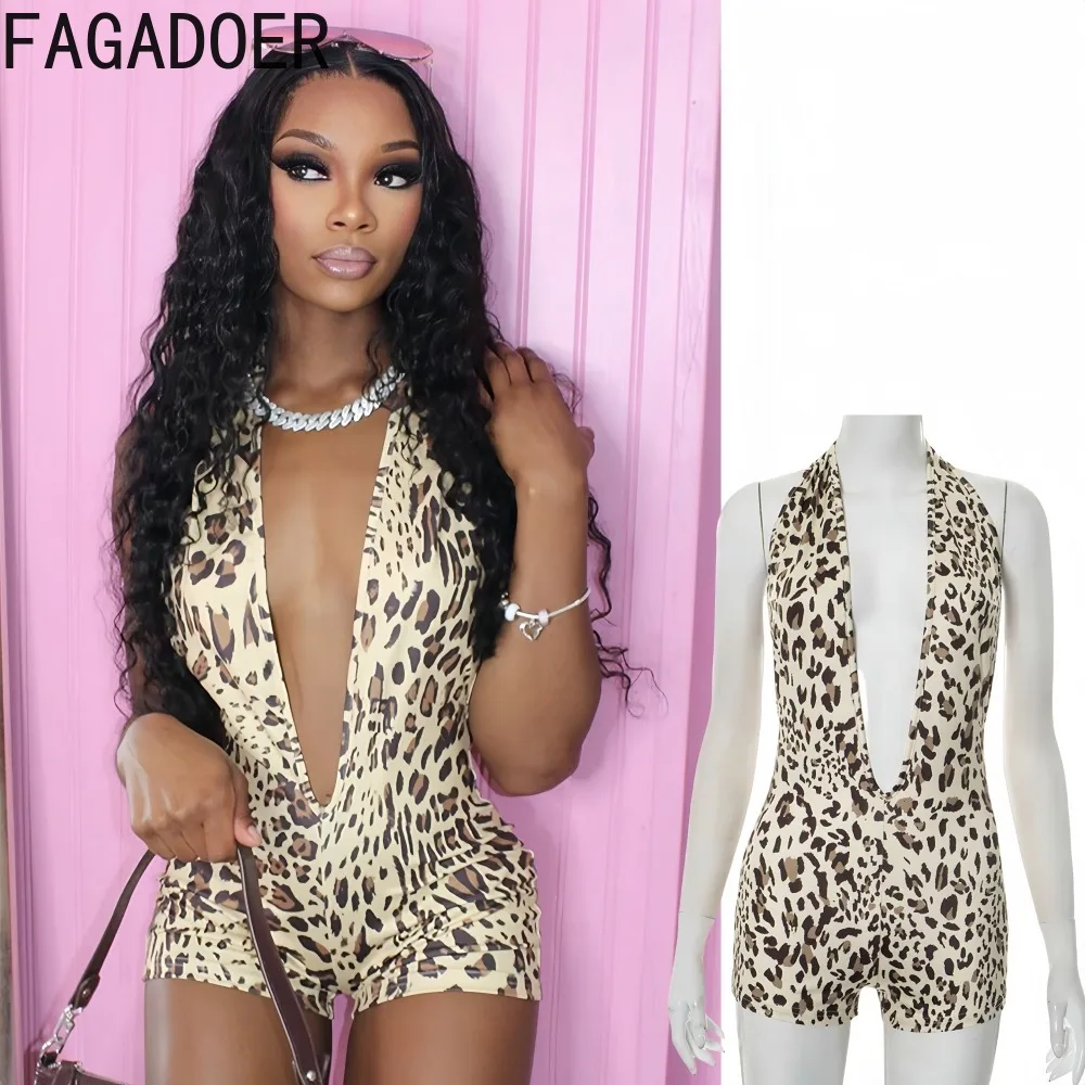 

FAGADOER Y2K Sexy Leopard Print Rompers Women Halter Deep V Neck Backless Jumpsuit Female Clubwear Overalls 2025 Summer New