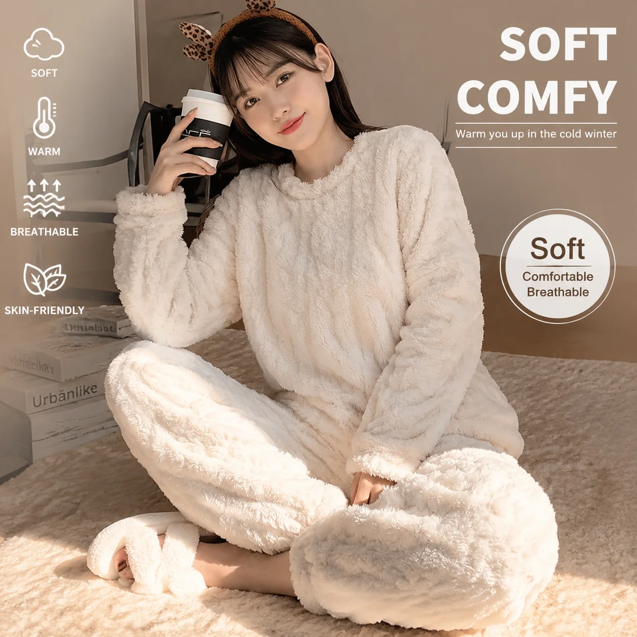 Plush Long Sleeve Thermal Lounge Set Skin Friendly All Day Comfort Cold Weather Homewear For Ladies Relax Fit