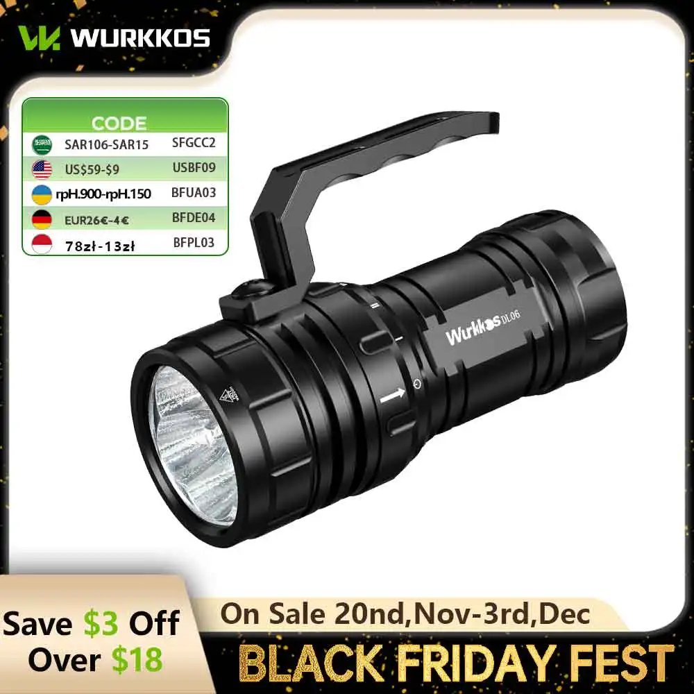 Wurkkos DL06 다이빙 토치 3*21700 고전력 충전식 LED 손전등 15000LM 6*XHP50.2 보조베터리 IPX8 수중 작업등