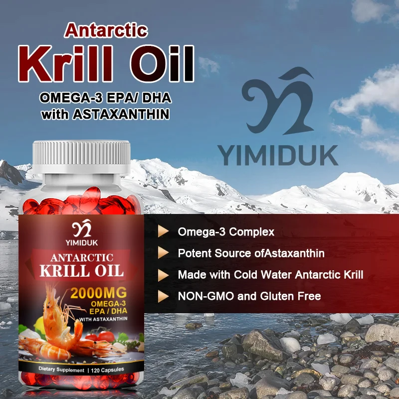 Antarctic Krill Oil 2000mg 120 Capsules, Omega-3 EPA, DHA, with Astaxanthin Supplement Sourced from Red Krill, Maximum Strength