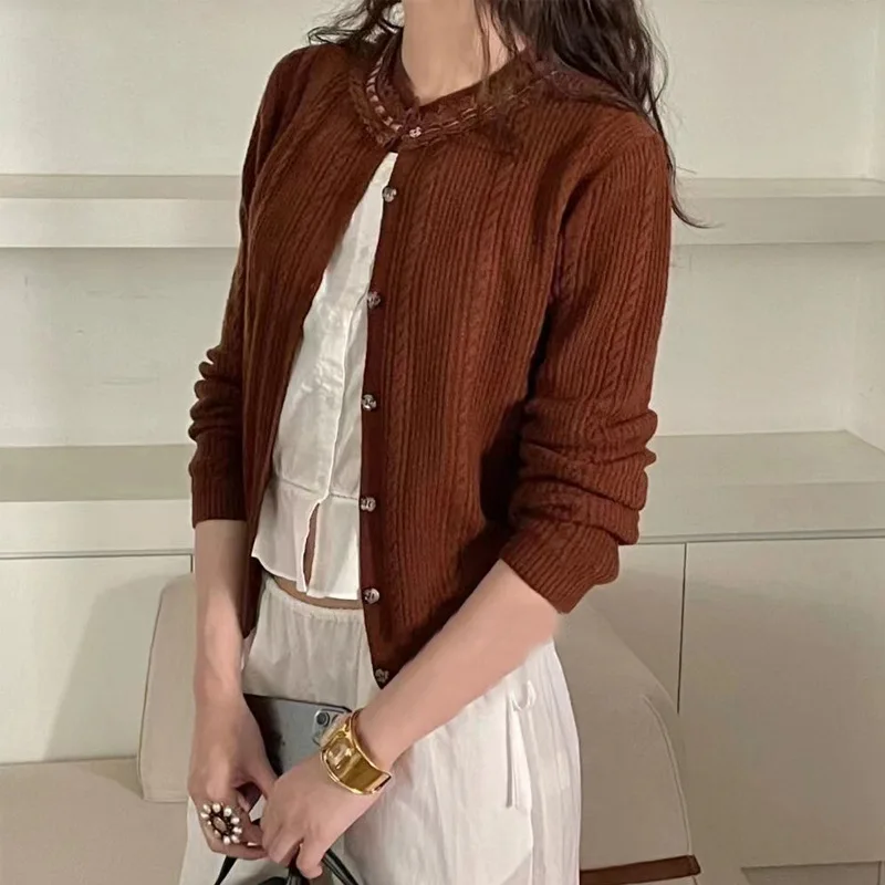 

a's Knitted Open Cardigan with Lace Decoration Textured Artistic Twist Woolen Single Piece Color Winter Faion