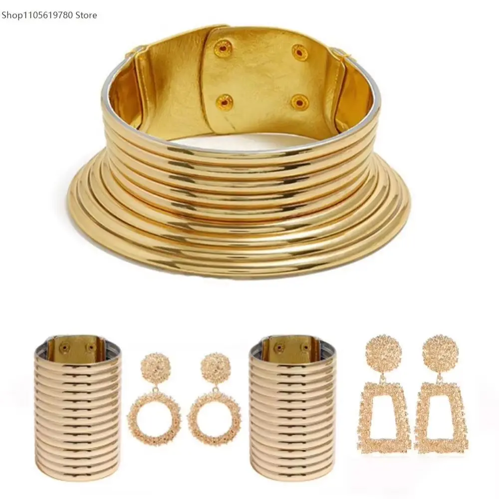 African Vintage Metal Choker And Cuff Bracelet Jewelry Set Boho Collar Neck Ring 2Pcs Cosplay Accessory For Women Party Wedding