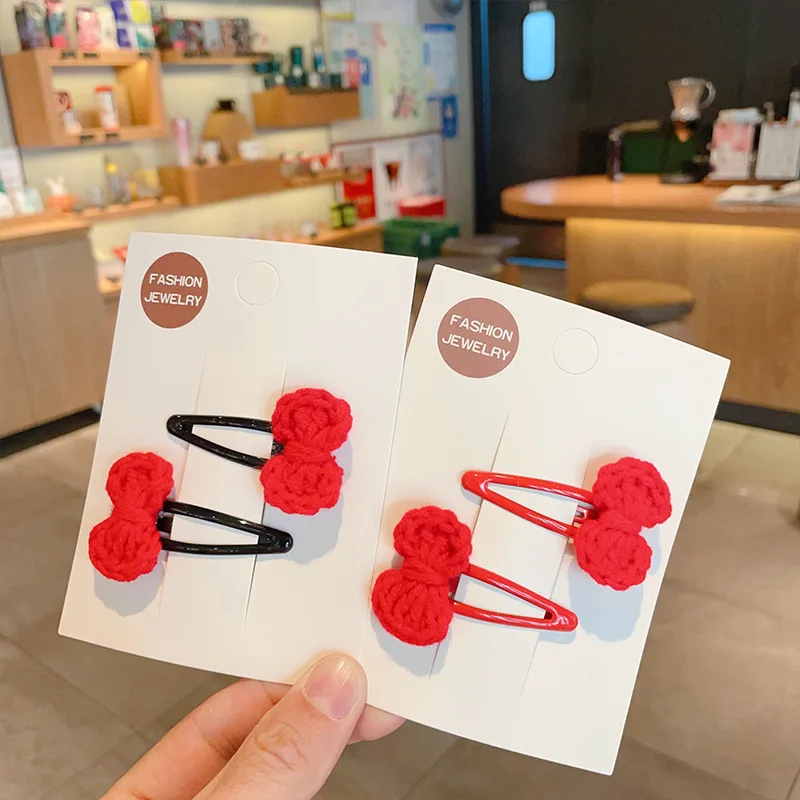 Hair Clips Hair Ties Handmade Knitted Red Bow Wool Yarn Non Slip Gentle Grip for Girls Kids Forehead Bangs Side Daily Party