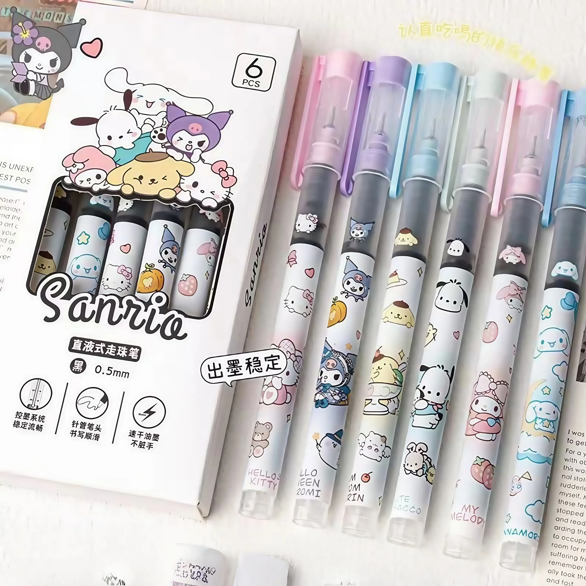 

Набор из 6 гелевых ручек Sanrio с игольчатым наконечником, высококачественные, с прямой подачей чернил, милые канцелярские товары для школы и офиса, для письма