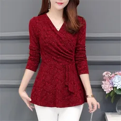 Women's Blouse Spring Autumn Full Sleeve Elegant Female Lace Blouse V-neck Purple Tops Mother Shirts Casual Ropa De Mujer