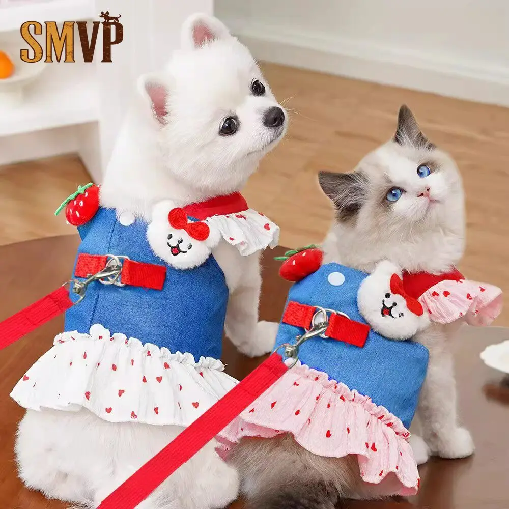 

Dog Clothes Denim Cartoon Skirt Pet Chest Back Cat Princess Skirt Thin Teddy Small Dog Anti Loss Dog Dress
