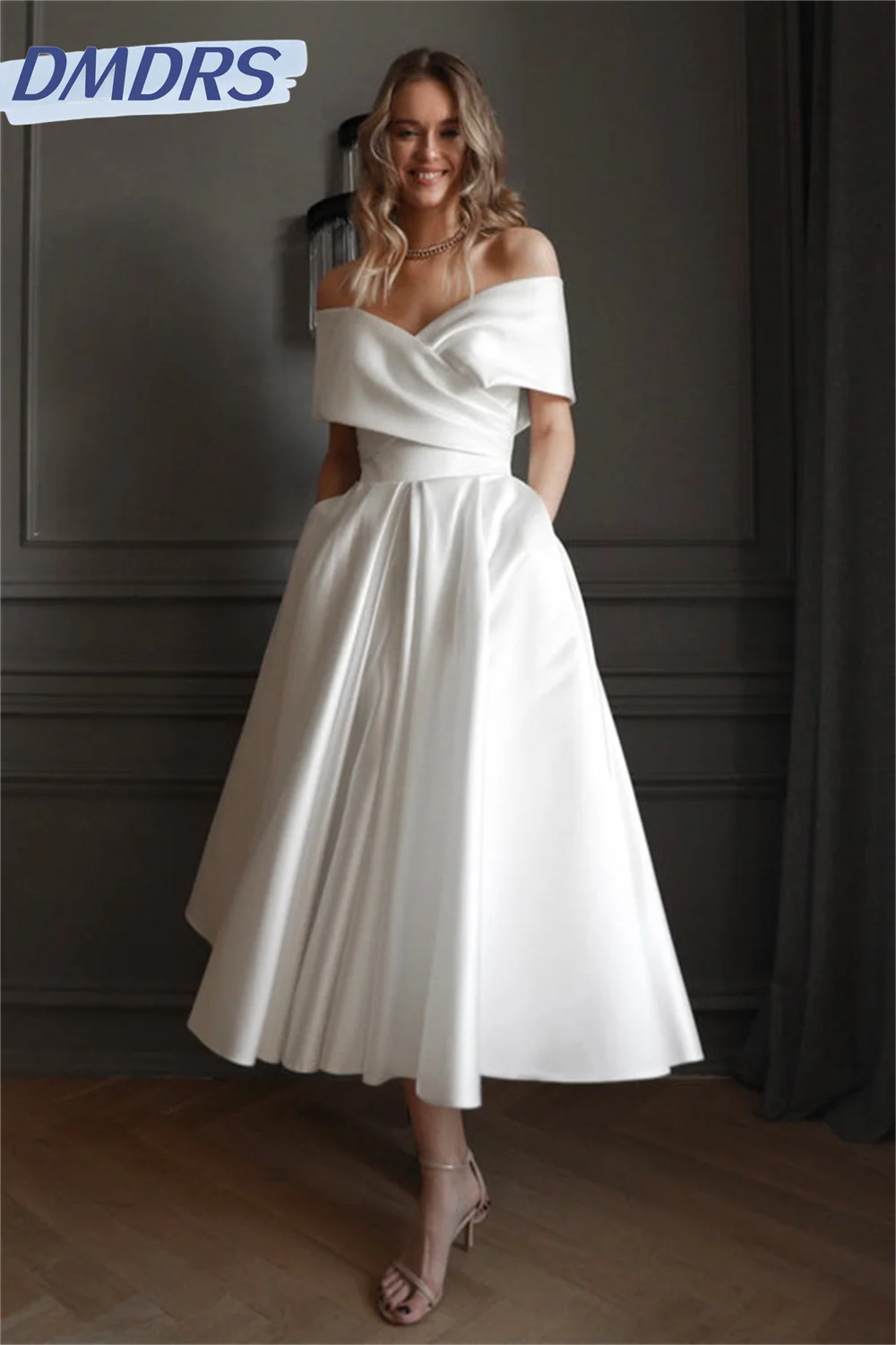 

Satin Off the Shoulder Wedding Dress Pleat A-Line Mid-Calf Bridal Lace Up Dresses with Pocket Sexy Back Civil Bride Custom Gown