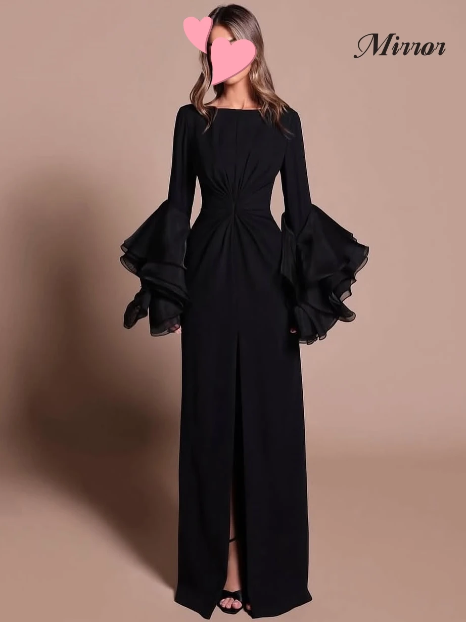 

Mirror Dress Elegant Vintage Sweet Black Ruffle Stylish New Slit Customize Formal Occasion Prom Dress Evening Party Gowns