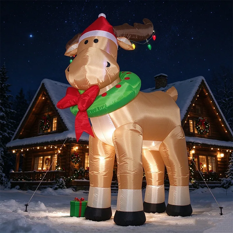 6FT Giant Inflables Christmas Elk Decoration Inflatable Deer Wearing Christmas Hat with Wreath Outdoor Yard Decor Party Supplies