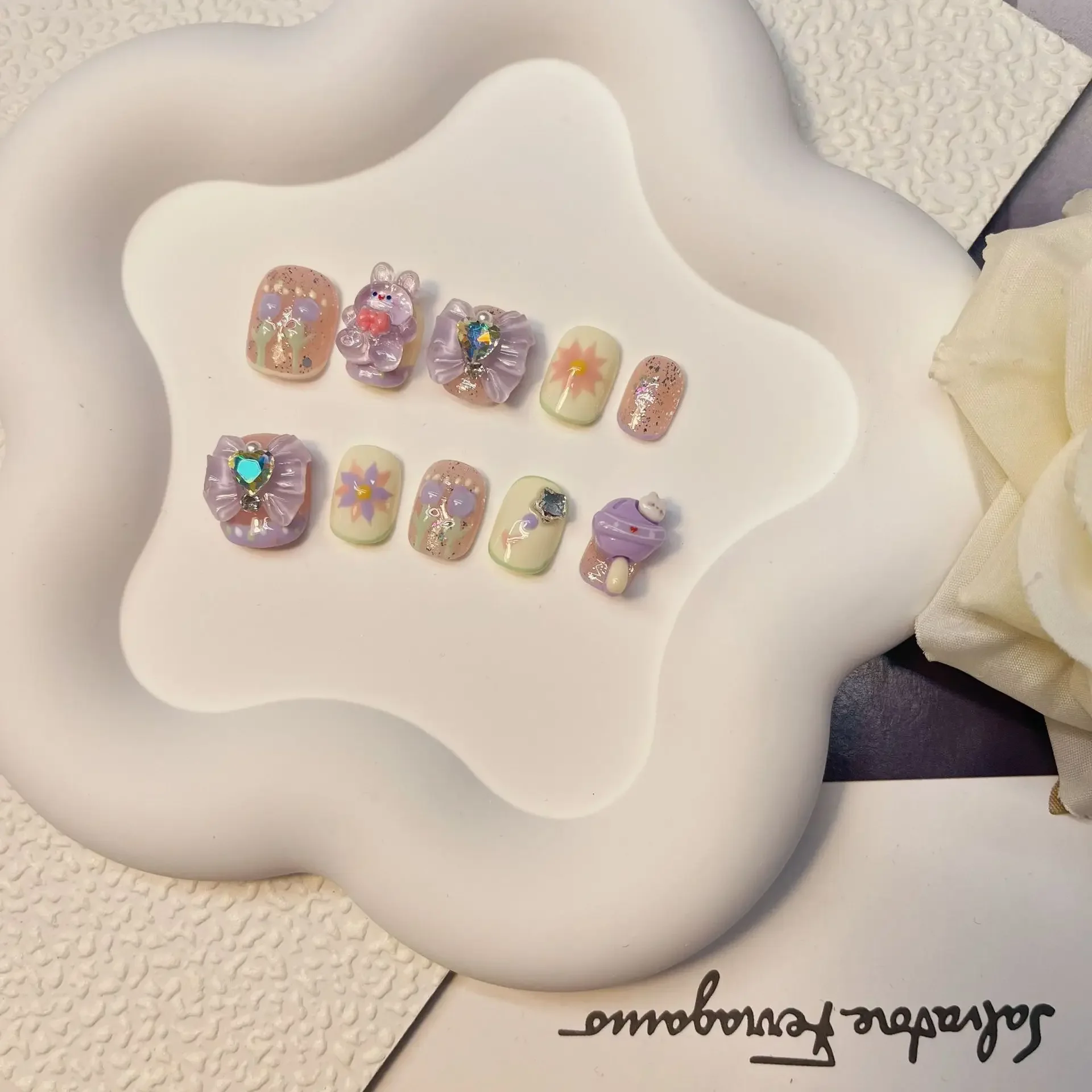 Cute Cartoon Childish Press On Nails Handmade Playful Purple Candy Rabbit Diamonds Big Bow Fake Nail Patches