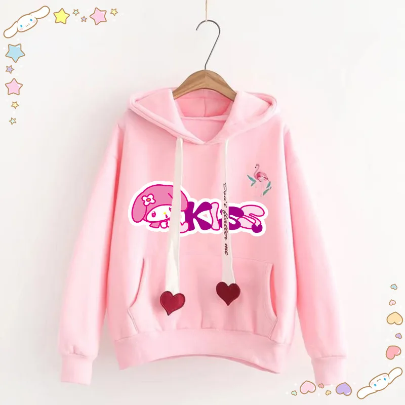 Sanrio Cute Cartoon Kuromi My Melody Cinnamoroll Women\'s New Hoodies Sweatshirts Velvet Thickened Loose Casual Tops Gift