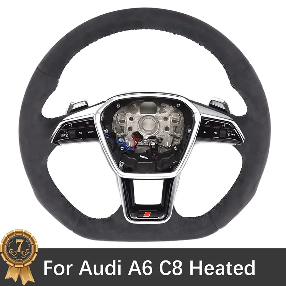 For Audi A6 C8 Heated Full Alcantara Multifunction Steering Wheel Black Stitching RS/ S Logo Paddles Accessories