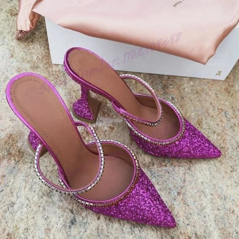 Purple Strange Style Heels Slip On Slippers Glitter Pointed Toe Shoes for Women Crystal Decor Shoes 2024 Zapatos Para Mujere