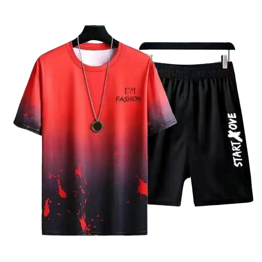 2 Stück Set Kurzarm Trainings anzug Männer lässig Strand Shorts Outfit Eis Seide Männer Farbverlauf Farbe Brief druck T-Shirt Tops Jogging hose