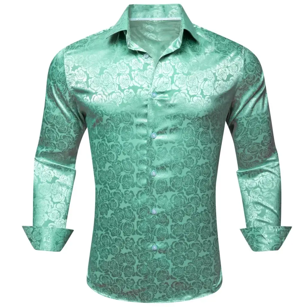 Luxury Shirts for Men Silk Satin Green Flower Long Sleeve Slim Fit Male Blouses Trun Down Collar Tops Breathable Clothing