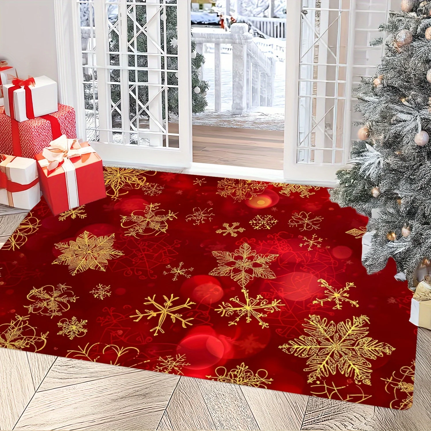 Christmas Poinsettia Doormat Festive Golden Bell Gift Box Garland Entrance Carpet For Holiday Celebration Front Door Floor Mat