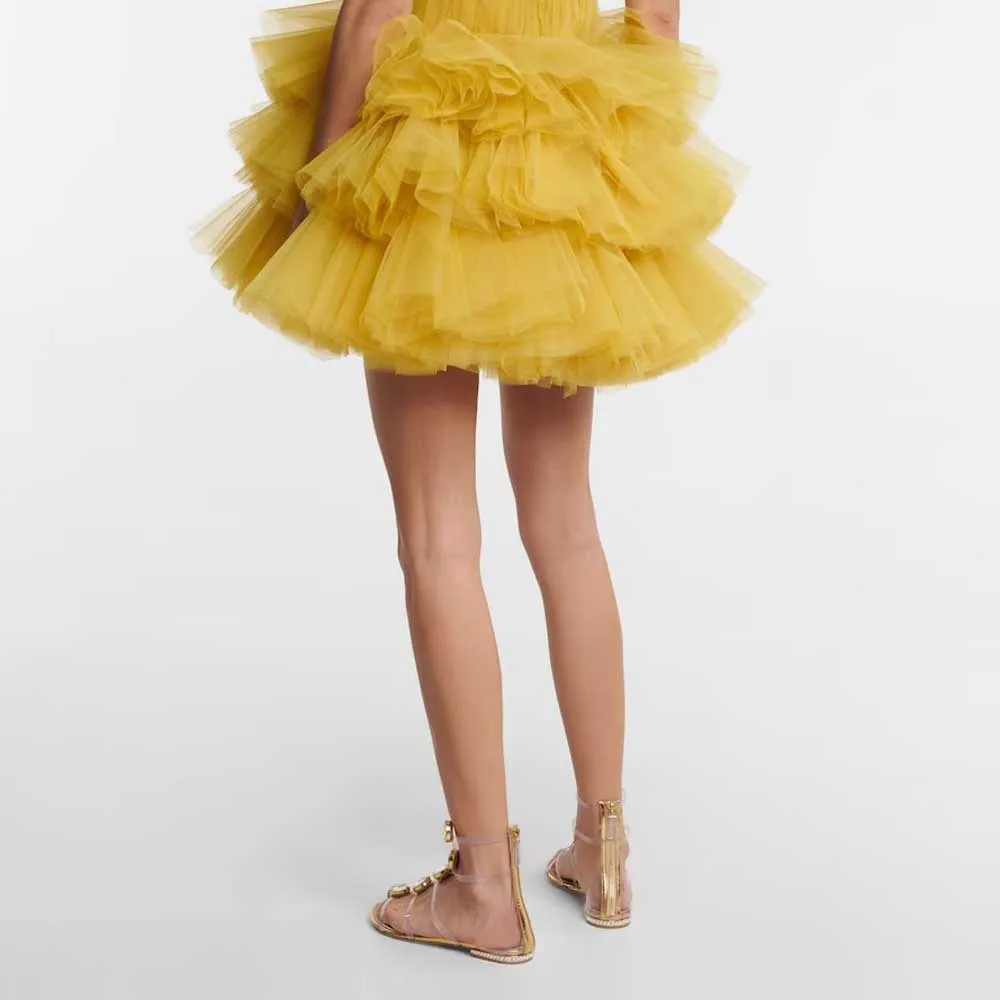 2024 Couture Tiered Tulle Mini Skirt Gold Yellow Elastic Waist Women Ruffles Dance Skirt Layered Short Birthday Party Skirts