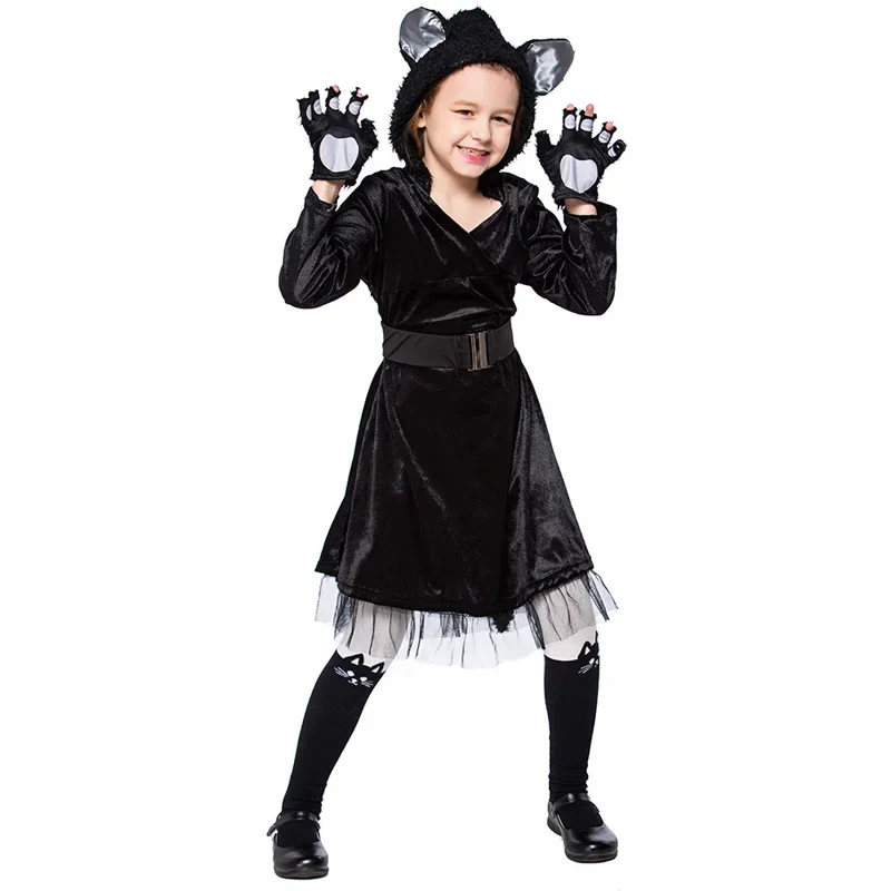 

Kids Black Cat Hooded Dress Costumes Cosplay For Girls Halloween Masquerade Party Costume Cosplay Size S-XL