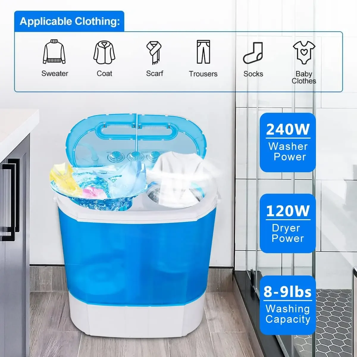 Portable Washer Compact Twin Tub 9.9 LB Mini Top Load Washing Machine Washer/Spinner w/ 6.57 FT Inlet Hose