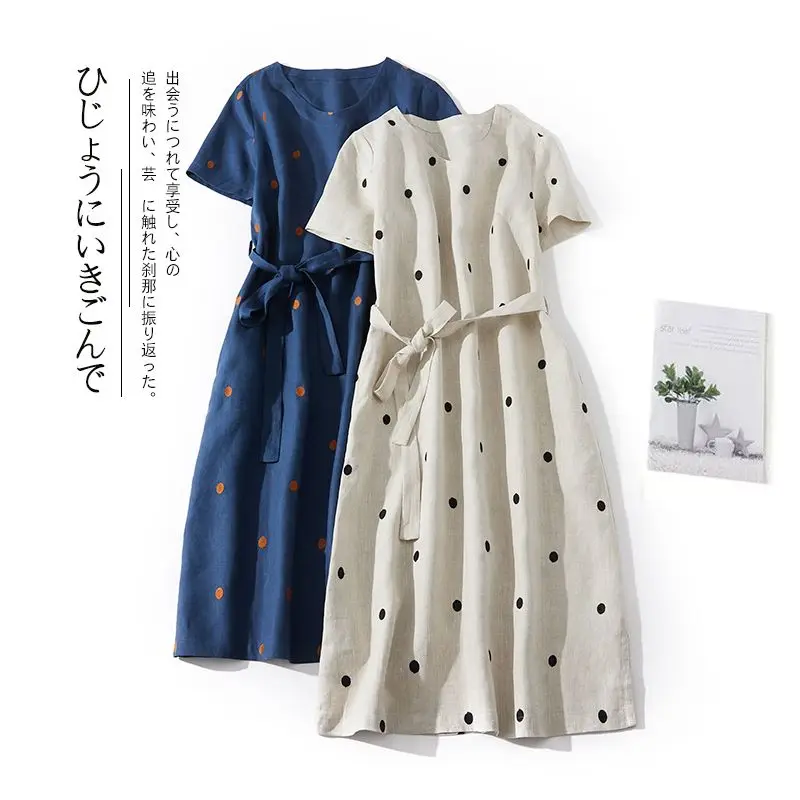 

2024 New Linen Vintage Print Polka Dot Dress Women Summer Short Sleeve Cotton Loose Casual Midi Dress Sundress Vestidos F207