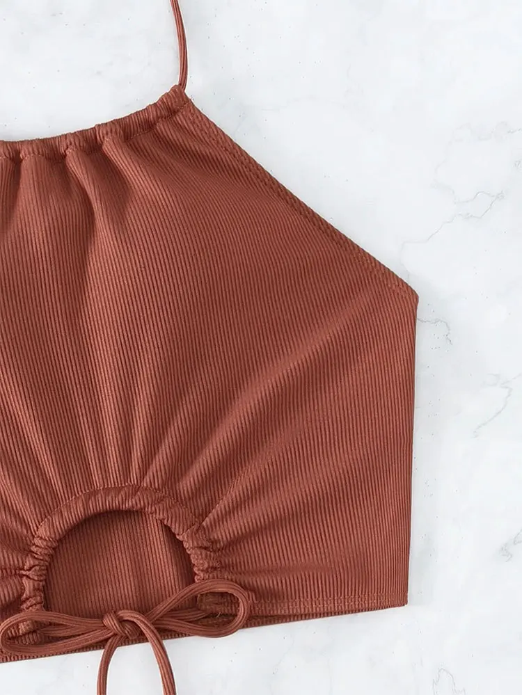 Dwuczęściowy damski strój kąpielowy Strój kąpielowy w jednolitym kolorze Zestaw tankini ze sznurkiem z boku i dekoltem w szpic