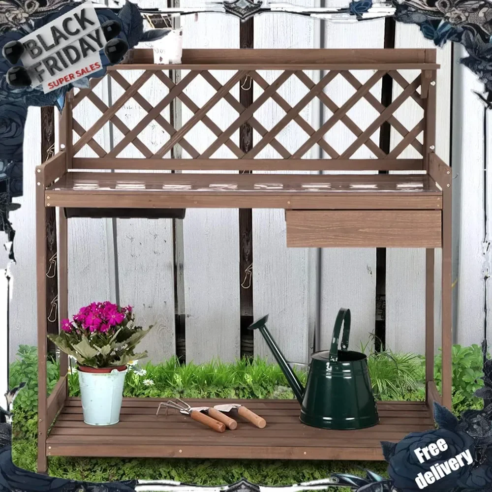 Potting Bench Garden Table for Plants Outside Outdoor Wooden Garden Work Bench with Sink Storage PVC Layer Drawer