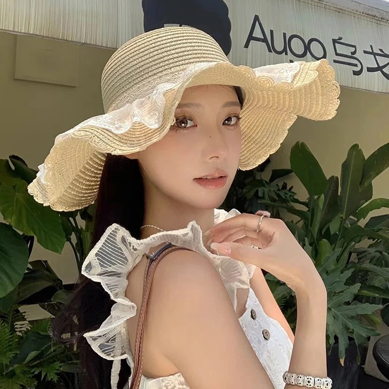 

Lace Straw Hat Women Summer Sun Hats Woman Wide Brim Straw Beach Side Cap Floppy Female Straw Hat Lace Solid Fringe Summer Cap