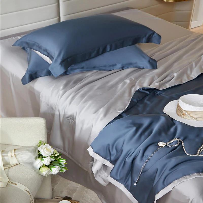 2024 New Four-piece Bedding Simple Cotton Double Household Bed Sheet Quilt Cover Embroidered Comfortable Bedding Dark Blue Gray