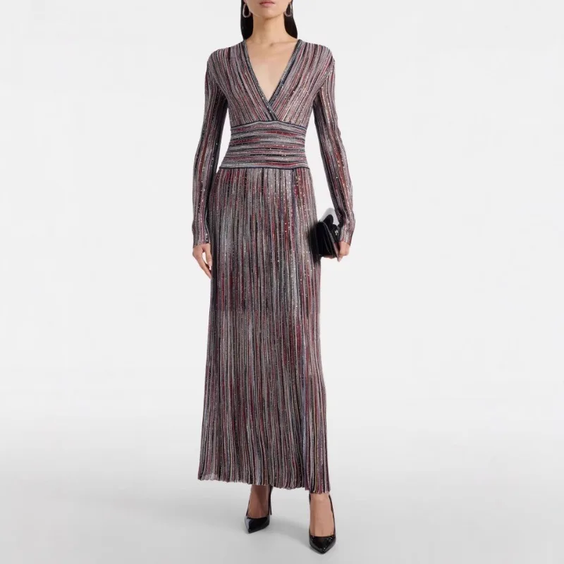 FL New Women Metallic Sequined Embellished Striped V-Neck Waist Pleated Knitted Long Dress 2 Colors Not Much Goods