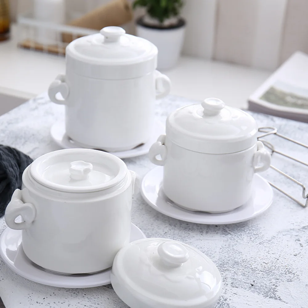 White Porcelain Soup Pot Double Handled Stewing Jar Kitchen Ceramic Boiler Water Bath Steamer Bird Nest Cooking Tool