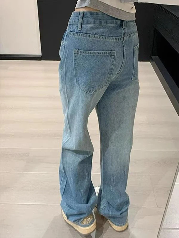 여성 한국 스타일 하이웨이스트 라인스톤 스트레이트 레그 진 레트로 슬림핏 스트레치 데님 팬츠 가을 스트릿웨어