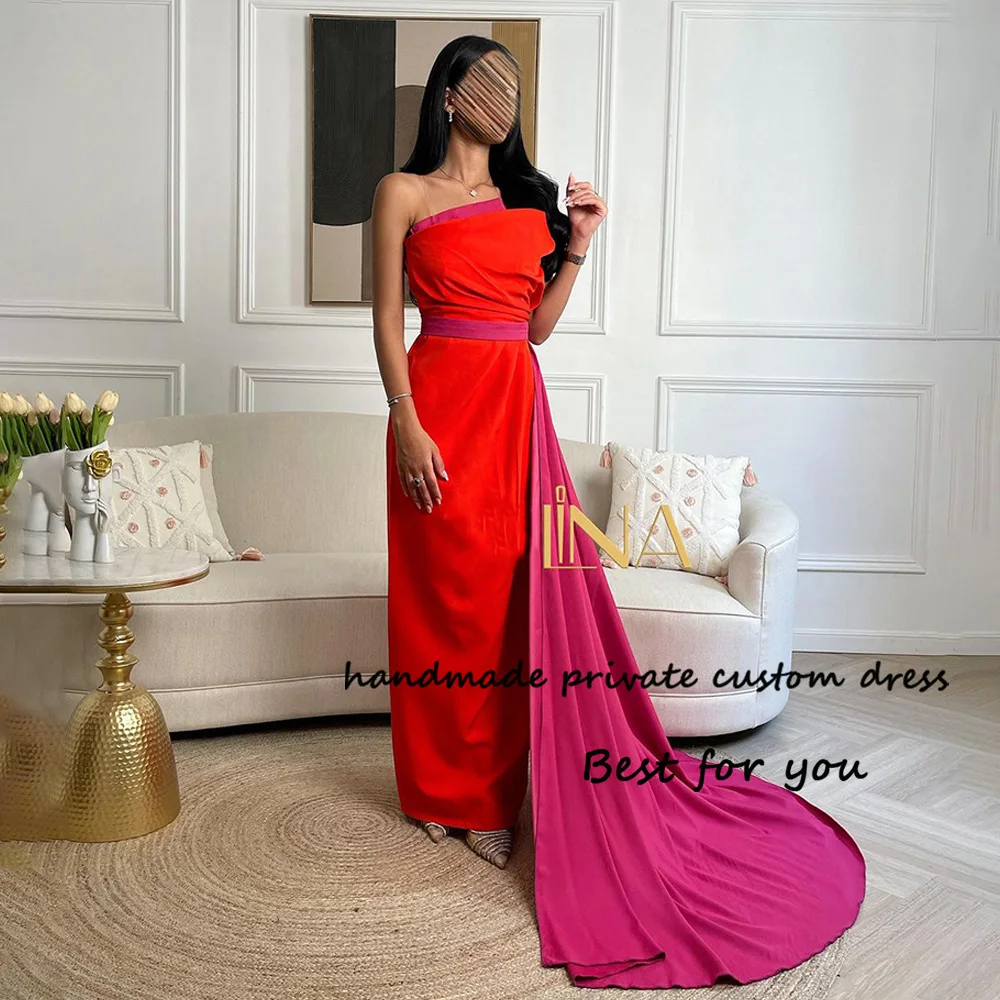 

Red Mermaid Saudi Arabia Evening Dresses Pleats Strapless Dubai Formal Dress with Skirt Long Celebrate Event Gowns