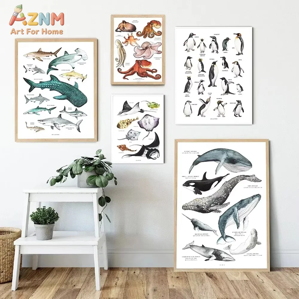 Scandinavian Simple Wall Art Poster Rays Octopus Whale Shark Marine Animal HD Canvas Poster Print Home Bedroom Living Room Decor