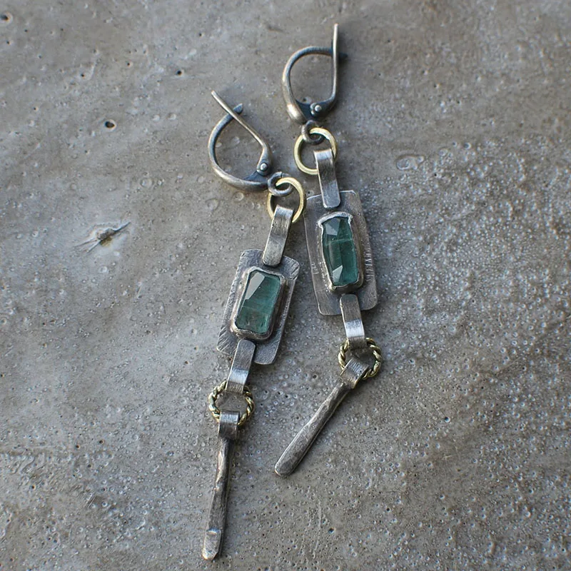 Extra Long Tribal Green Zircon Dangle Earrings for Women Vintage Jewelry Antique Metal Geomrtric Handmade Statement Earrings
