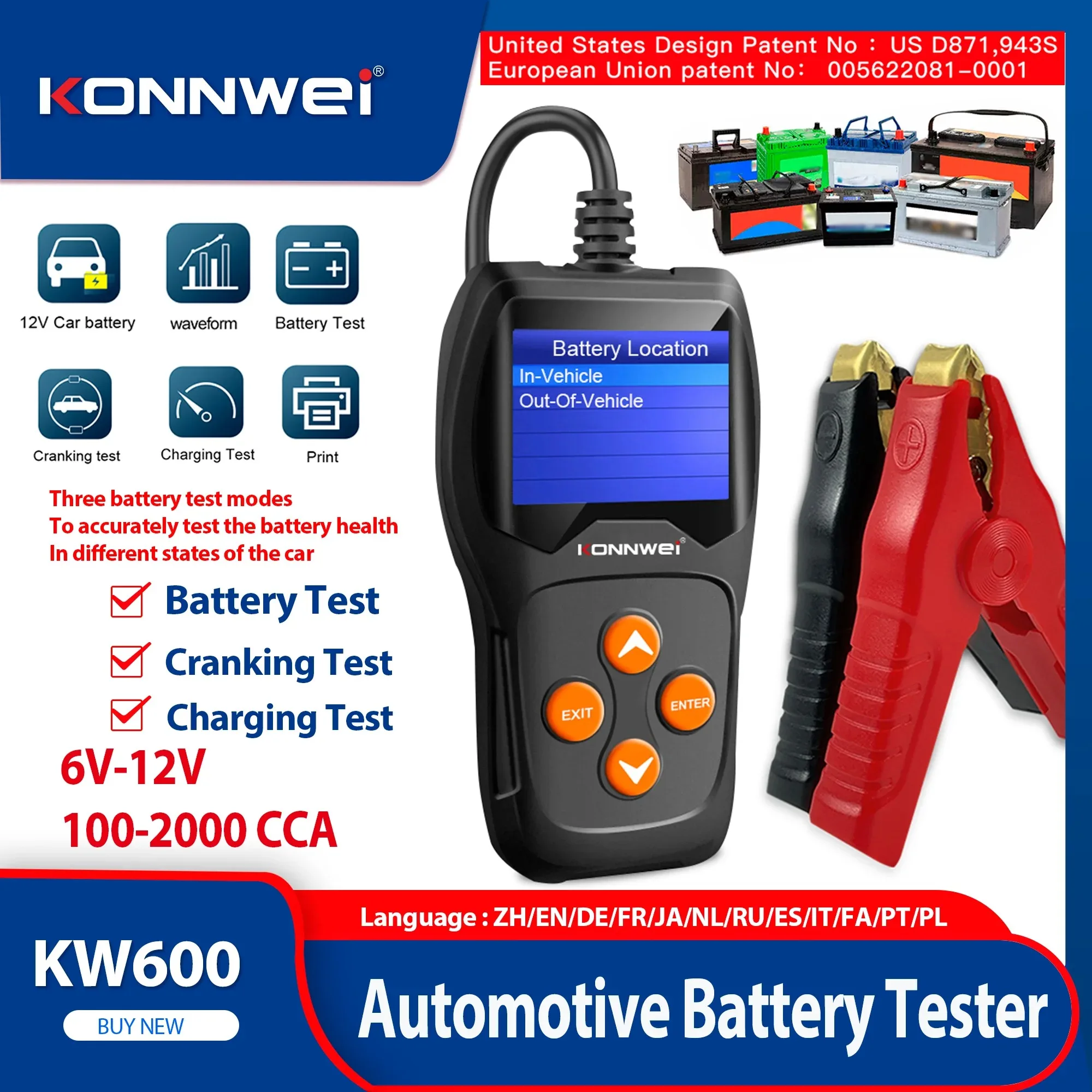 2026 KONNWEI KW600 Car Battery Tester 12V 100 to 2000CCA Battery Tools for Real-time Battery Quick Cranking Charging Diagnostic