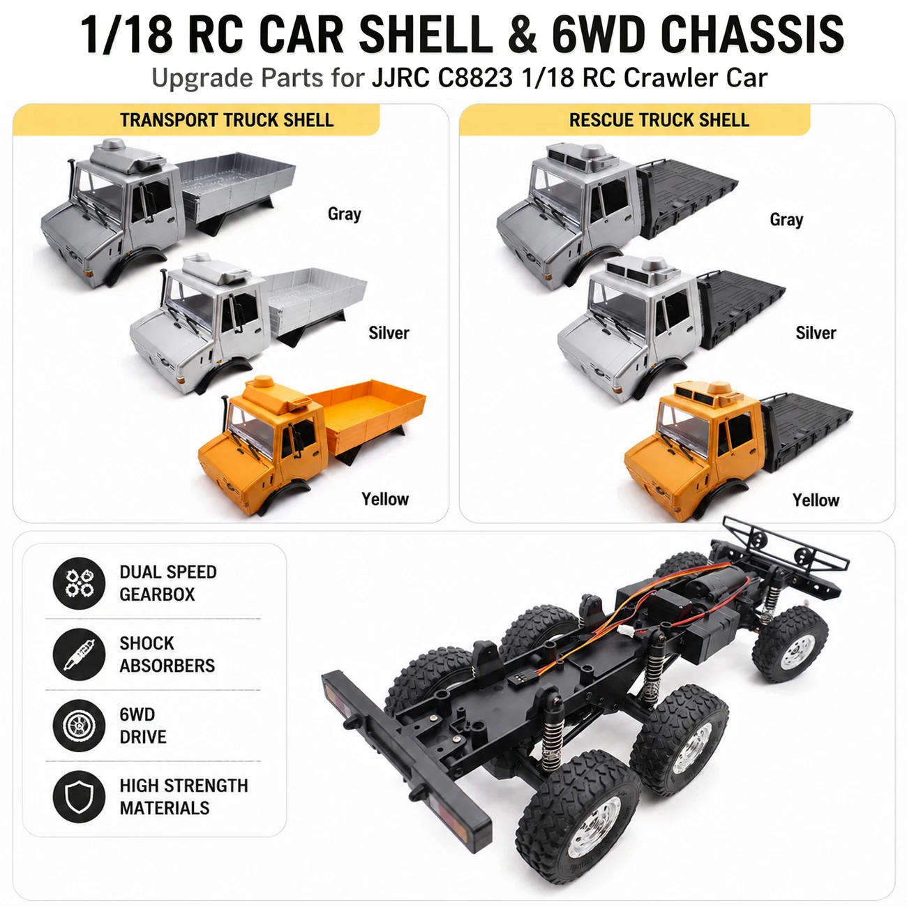 YSIDO 1/18 RC Car Shell 6WD Chassis Assembled Frame With Dual Speed Gearbox for JJRC C8823 1/18 RC Crawler Car DIY Upgrade Parts