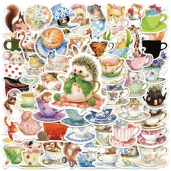 50 Stuks Vintage Cartoon Esthetische Theekopjes Dieren Stickers Voor Laptop Waterfles Bagage Notebook Waterdichte Vinyl Auto Stickers