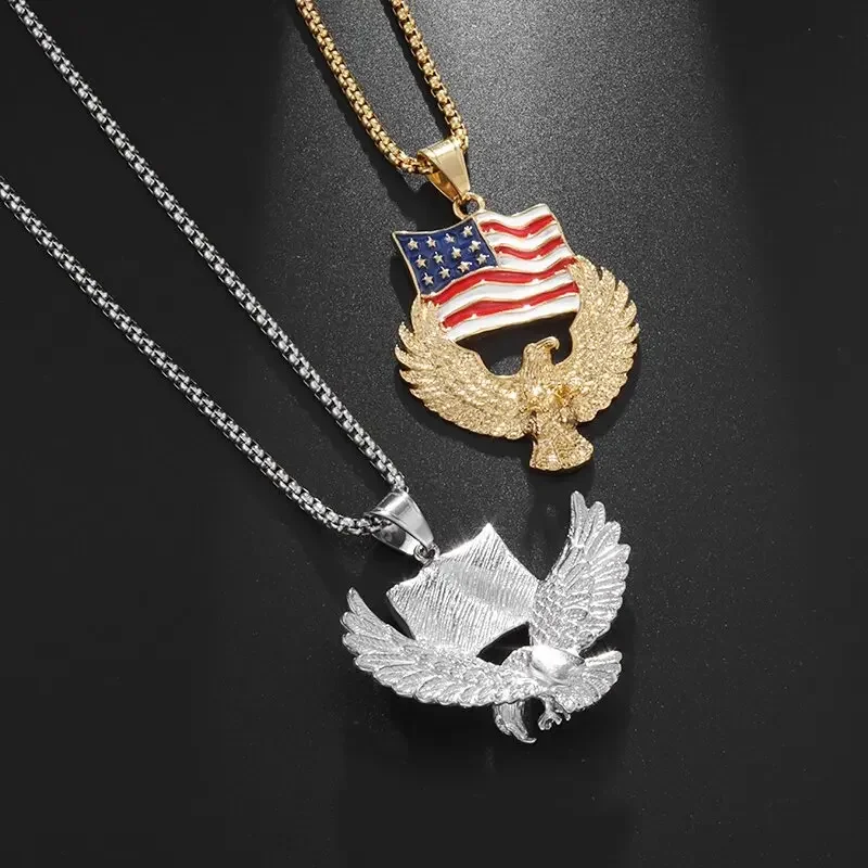 Classic American Independence Day Flag Eagle Animal Pendant Necklace Men's Fashion Street Style Jewelry Gift