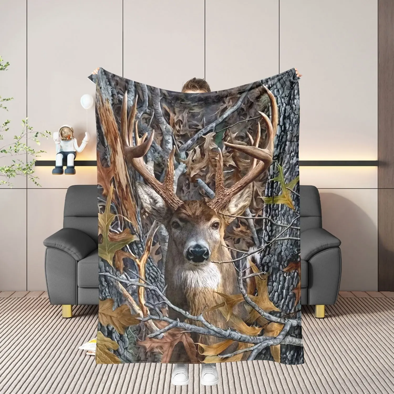 Luxury Woodland Deer Stag Print Blanket Throw Tapestry Fall Autumn Forest Animal Design 150x200cm Large Rustic Cozy Decor Cover