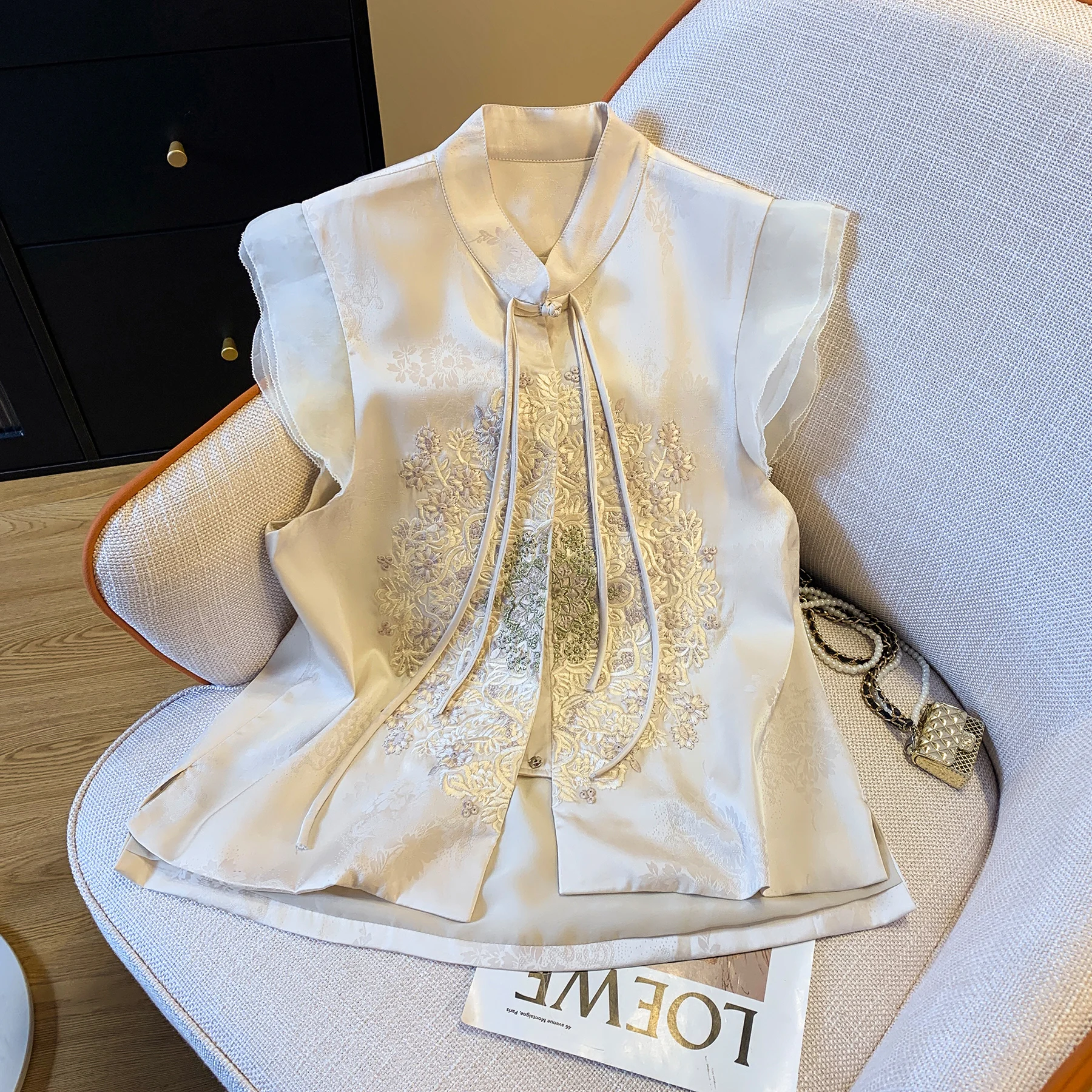 

Новый китайский ацетатный жилет с вышивкой, женский летний элегантный жилет с воротником-стойкой, тяжелый рабочий хлопковый традиционный костюм Тан...